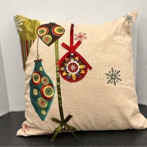 Noel Ornaments Embroidered Holiday Pillow with Ribbon and Jingle Bell Accents